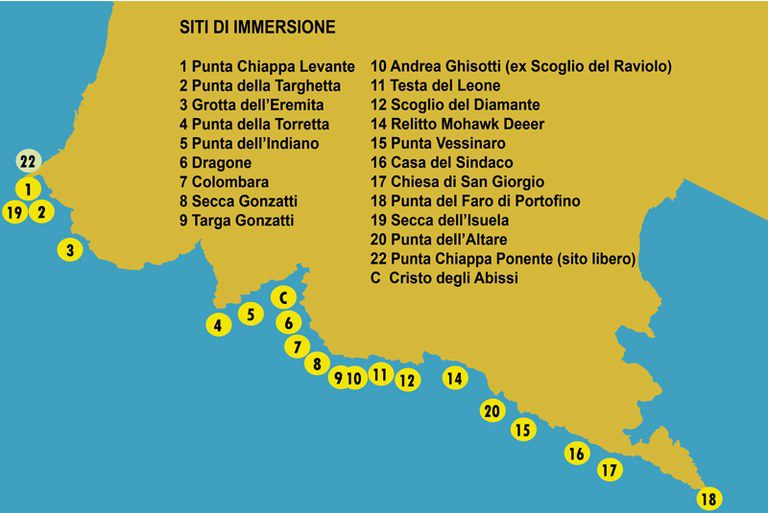 Mappa delle immersioni a Portofino
